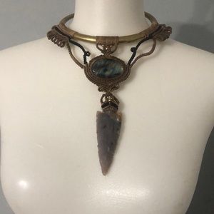 Handmade brass collar necklace macrame with dagger arrowhead spearhead
